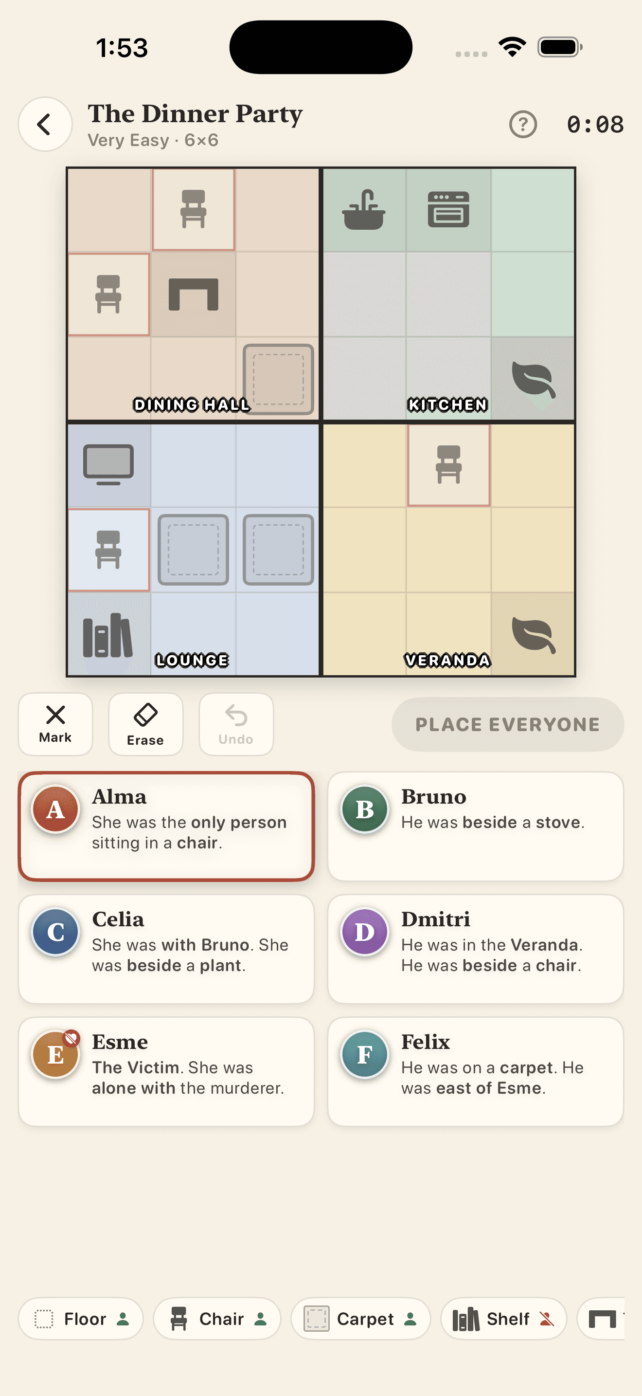 Roomers gameplay: a floor plan with suspects and clues